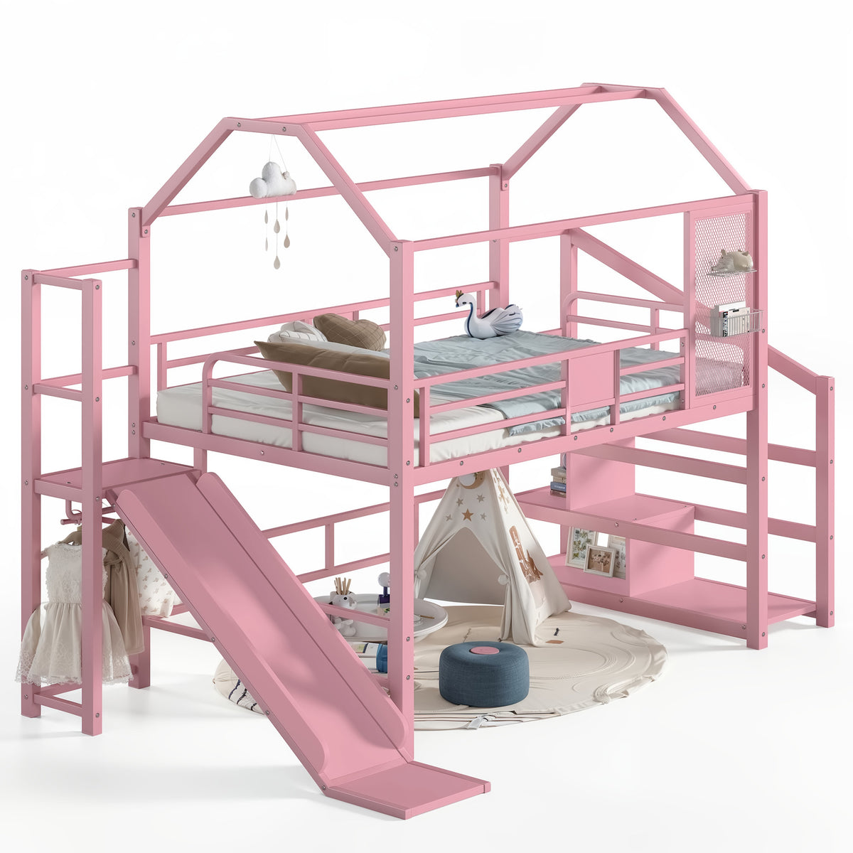 Full House Loft bed with Slide and Stairs, Metal Playhouse Bed with Storage Shelves, House-shaped Roof and Noise-free Design, Pink