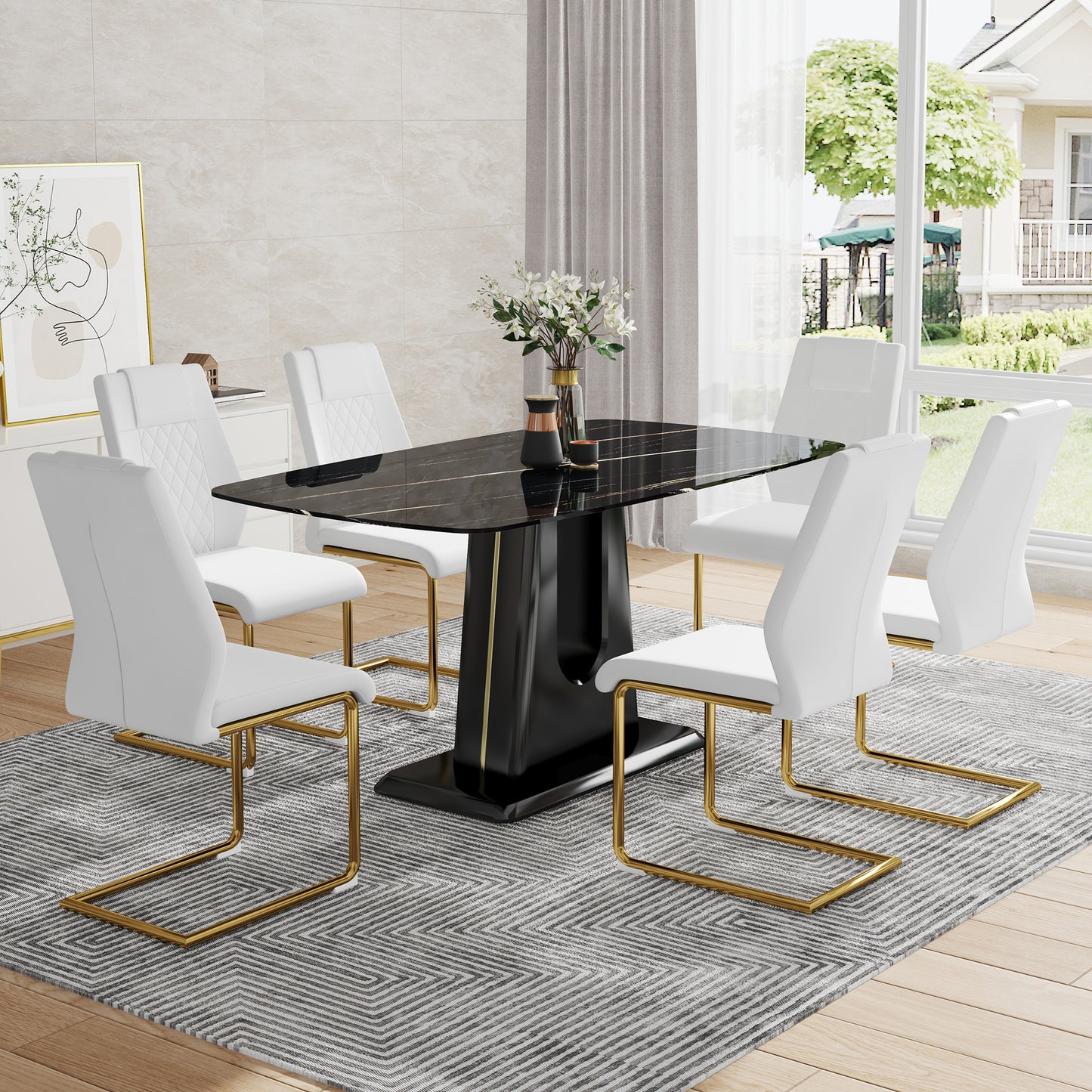 Table and chair set, minimalist dining table, imitation marble patterned glass tabletop, MDF legs with U-shaped brackets. Paired with comfortable chairs, suitable for dining and living rooms.