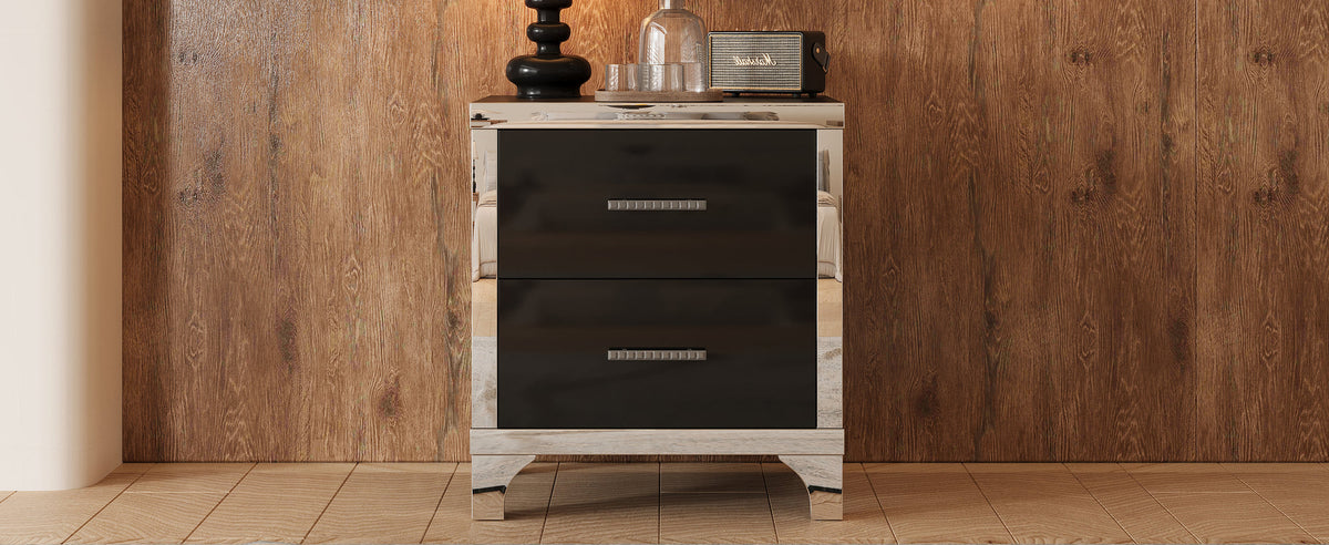 Elegant High Gloss Nightstand with Metal Handle, Mirrored Bedside Table with 2 Drawers, Black