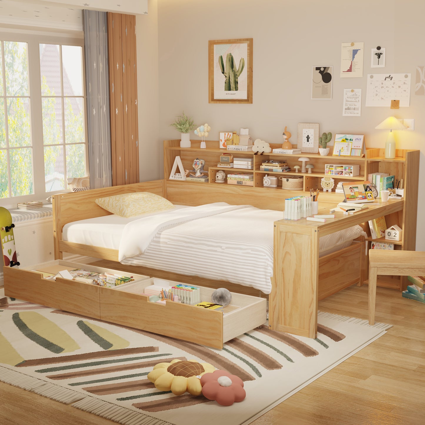 Wooden Full Size Daybed with Storage Shelves, Multi-functional Bed with Two Storage Drawers and Study Desk, Natural (Old SKU: HL000089AAM)