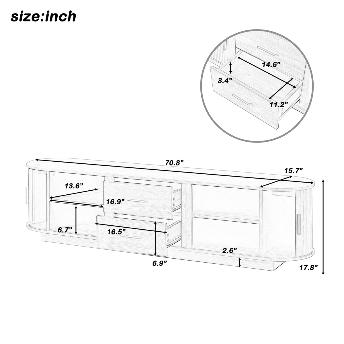 U-Can Modern TV Stand with Drawers, Hidden Sliding Storage, Rounded Corners, and Waterproof Surface, Fits 65'-70" TVs – Antique Brown