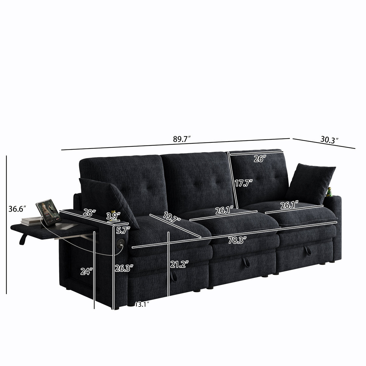 89-inch three-person cloud sofa with storage, armrests featuring hidden tabletop and USB ports, and armrests with storage function. High-quality cashmere three-person sofa. Suitable for living rooms,