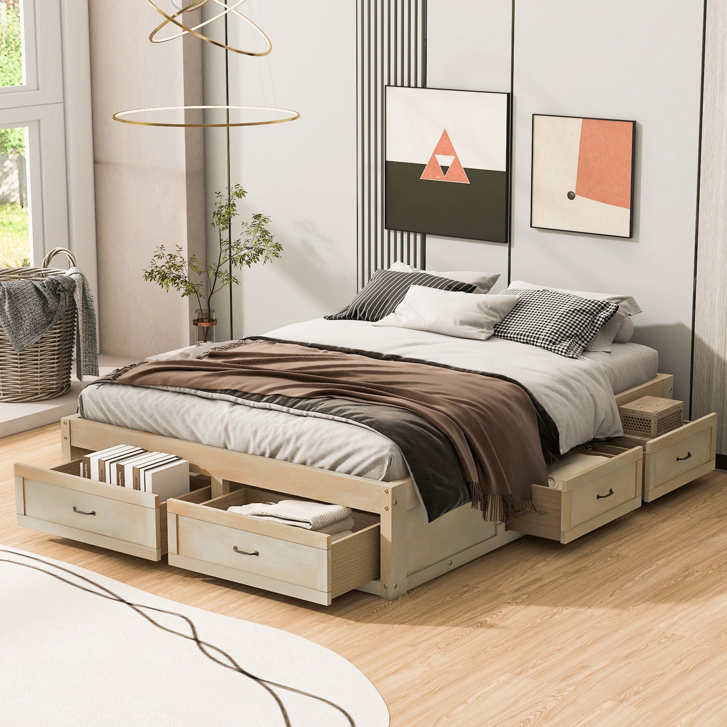 Queen Size Platform Bed with 6 Storage Drawers, Antique Natural