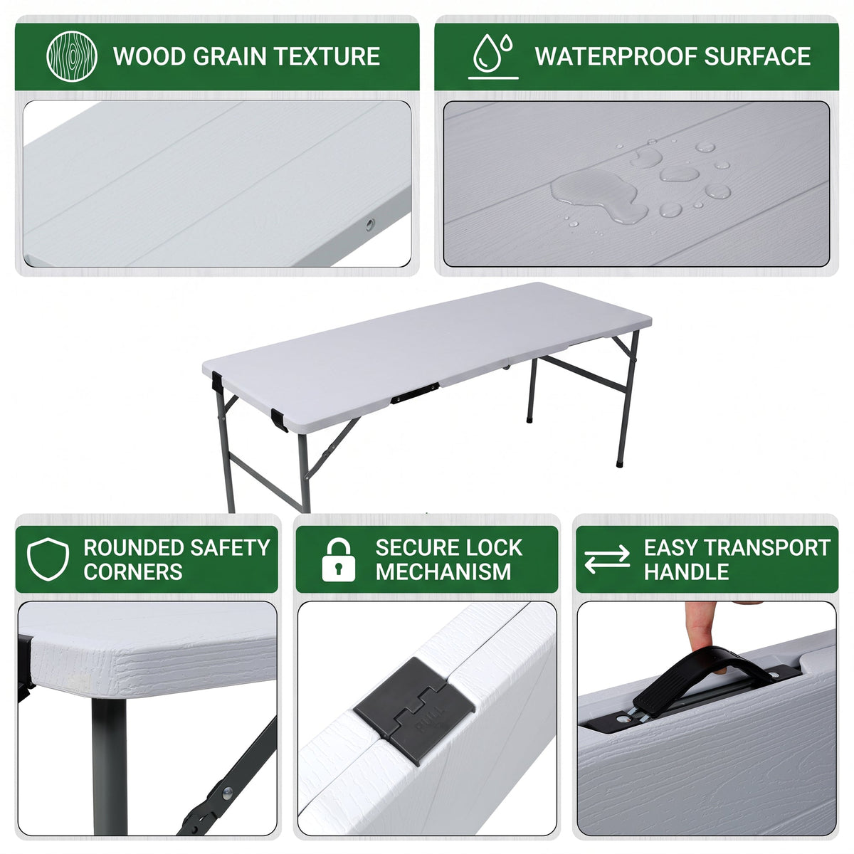 70Inch Portable Folding Picnic Table Set with 2 Benches,3‑Piece Indoor Outdoor Folding Furniture Set,Wood Grain Tabletop for Camping,Backyard Party,Picnic,Wedding Gatherings,White