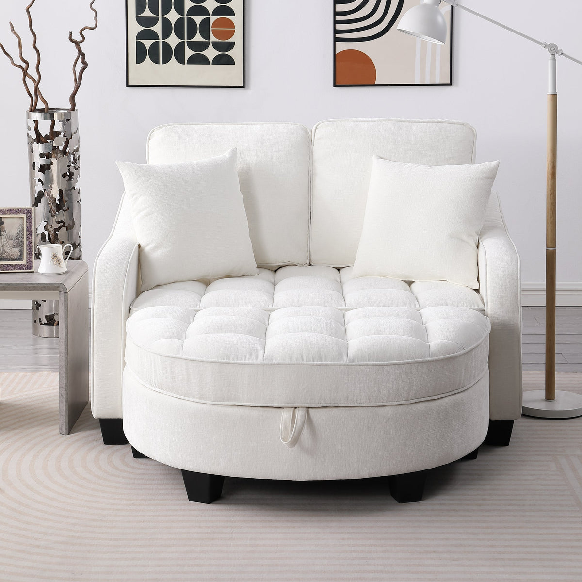 Two-seater sofa, double sofa chaise longue, with irregular armrests and backrests, footrest with storage space – Beige