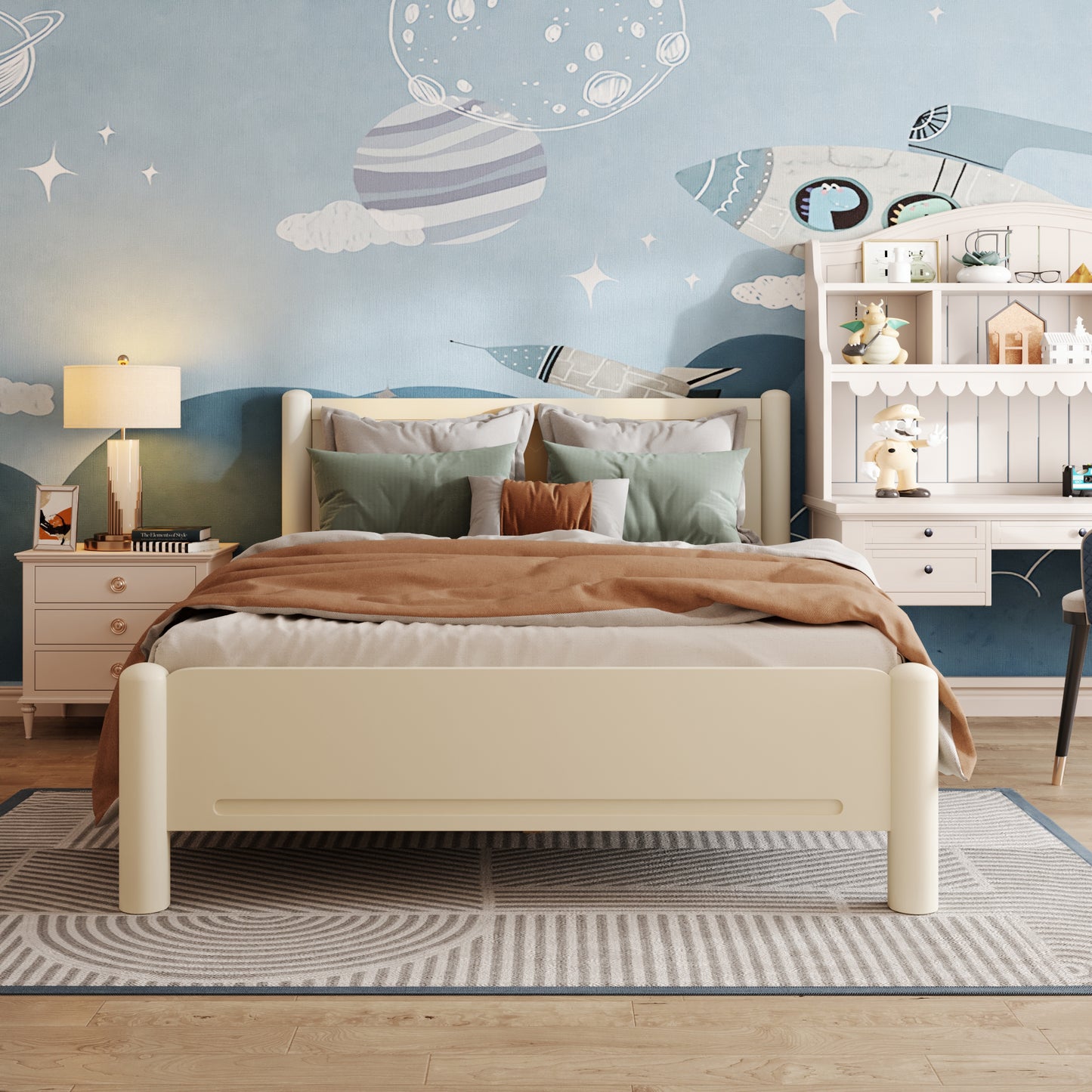 Queen Size Wood Platform Bed Frame with Headboard and Wooden Slat Support,Beige