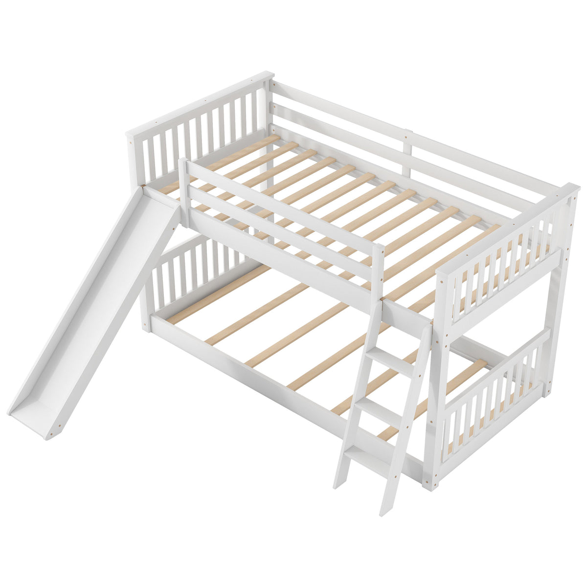 White Twin over Twin Bunk Bed with Convertible Slide and Ladder, Pine Wood, 79.1''L x 42.1''W x 49.4''H
