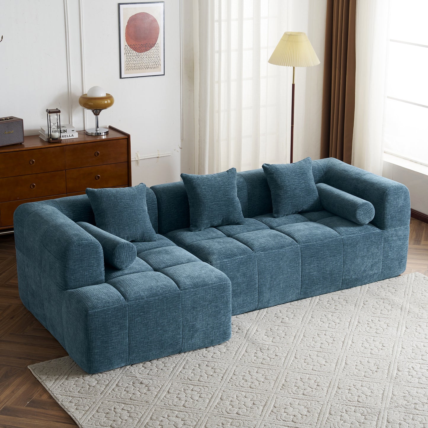 101.2' Sectional Sofa Full-Compressed Sofa Modular Sofa Couch Free-combined Sofa with Deep Seating and Two Side Pockets for Living Room, Blue