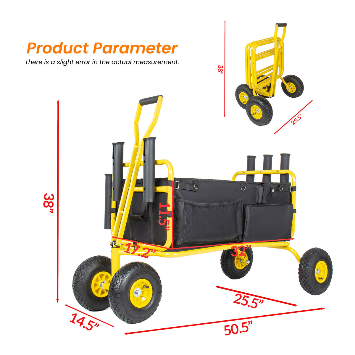 Fishing Cart Beach Cart Collapsible Wagon 9.85'' All-Terrain Wheels for Sand, Heavy Duty Garden Cart with Rod Holders