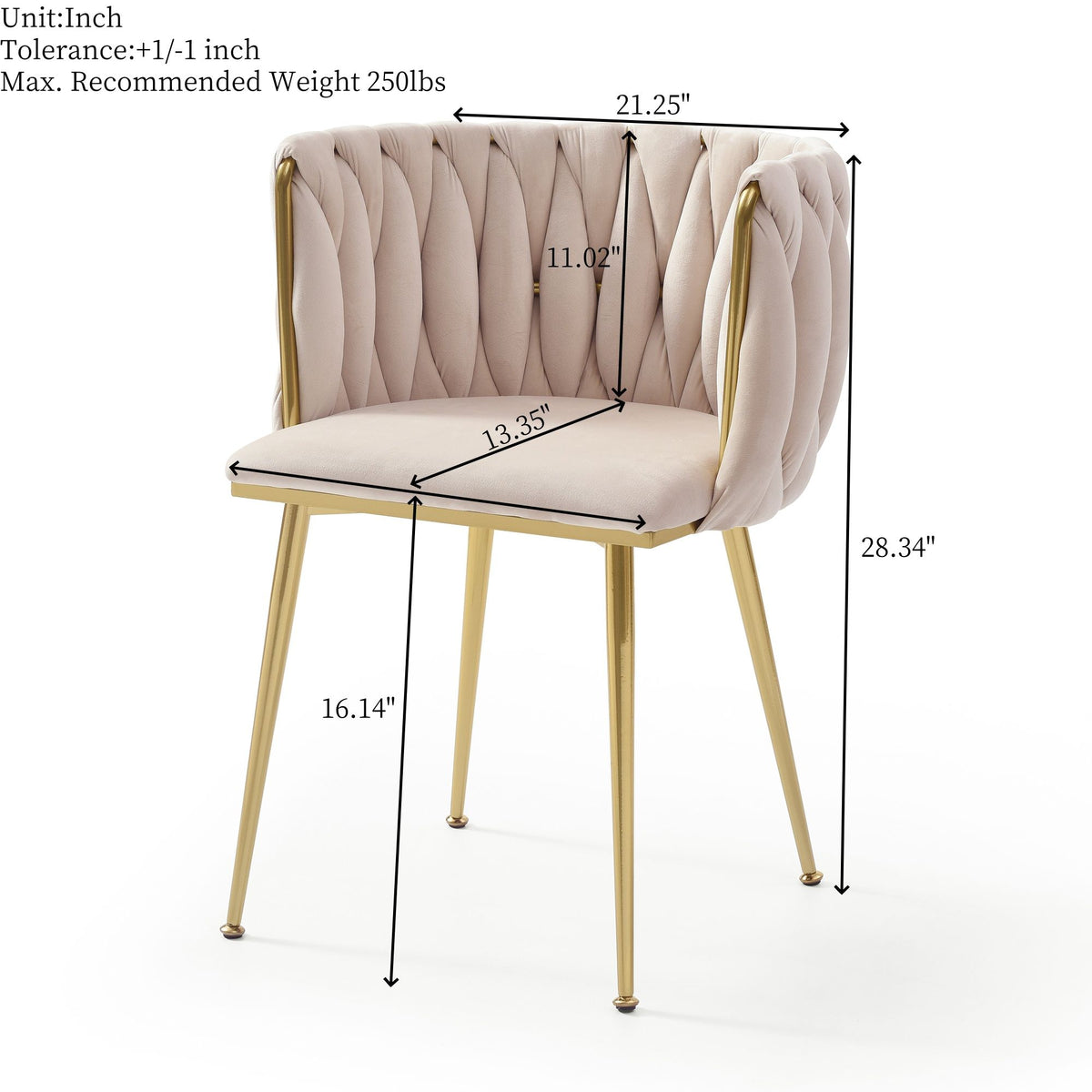 Modern Velvet Dining Chairs Set of 2, Upholstered Woven Dining Chair with Golden Metal Legs, Upholstered Dining Chairs for Dining Room, Kitchen, Vanity, Living Room