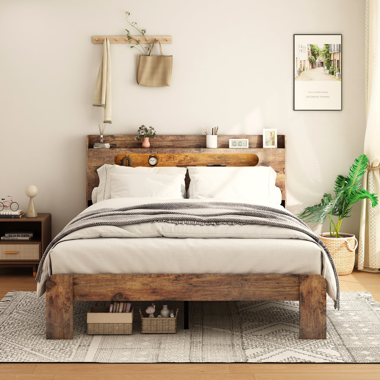 Bed Frame King Size, Wood Platform Bed Frame with Storage LED Light Headboard and 2 USB , Noise Free,No Box Spring Needed and Easy Assembly Tool,Large Under Bed Storage,Dark Brown