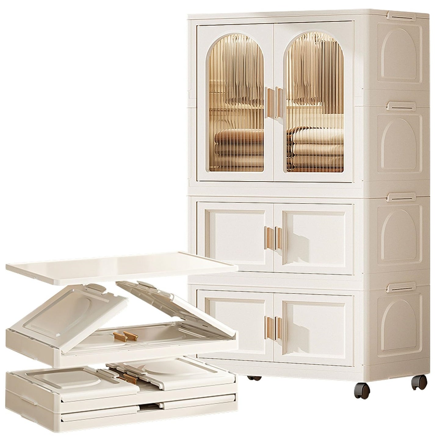 25.59' Side Wide Folding Wardrobe , 25.59'×15.75'×57.09', with Magnetic Door, Plastic Storage Cabinet with Wheels( one layer of wardrobe + two layers of folding boxes+10 hangers )