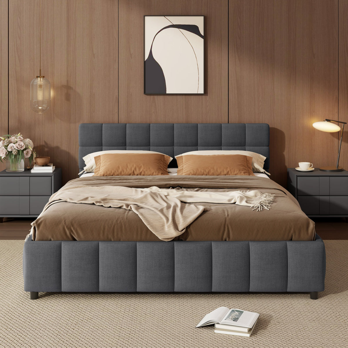Queen Size Upholstered Platform Bed Frame with 4 Storage Drawers, Block Grid Tufted Headboard, Linen Fabric Padded Bed Frame, Gray