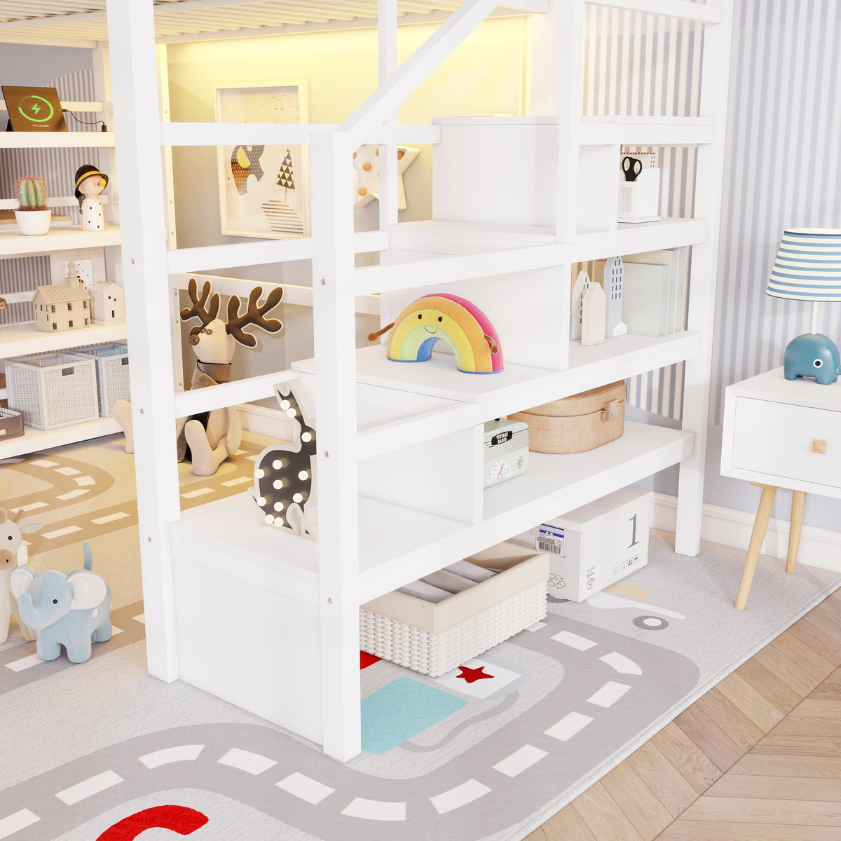 Full Loft Bed with 4 Shelf Storage Rack and Charging Station,Metal Full Loft Bed with Stairs Storage for Kids Teens, Patent Products,White(Old skuW2580S00075)