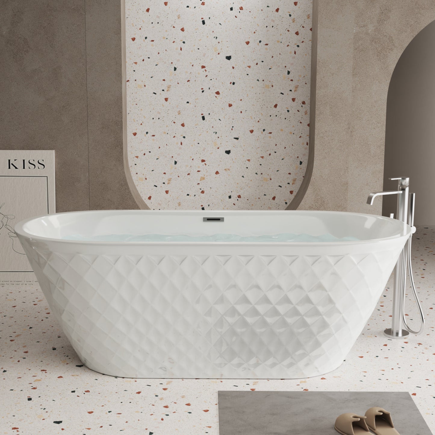 59'' acrylic freestanding bathtub with unique diamond pattern design: spacious oval shape, Gloss white finish, Chrome overflow and pop-up drain CUPC Certificate