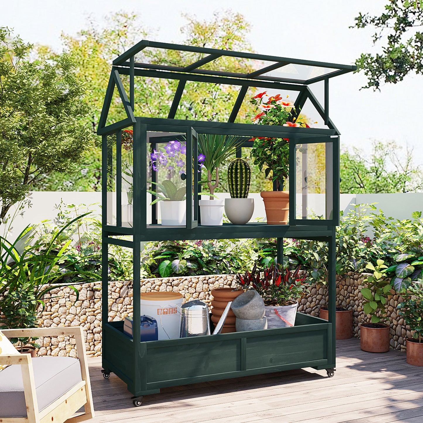 TOPMAX Garden Wood Portable Cold Frame with Movable Wheels Mini Greenhouse with Openable Roof and Storage Box, Forest Green