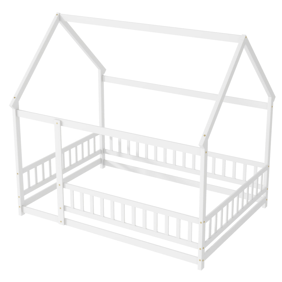 Full Size House Floor Wooden Bed with Roof Frame, Safety Guardrails,Whtie