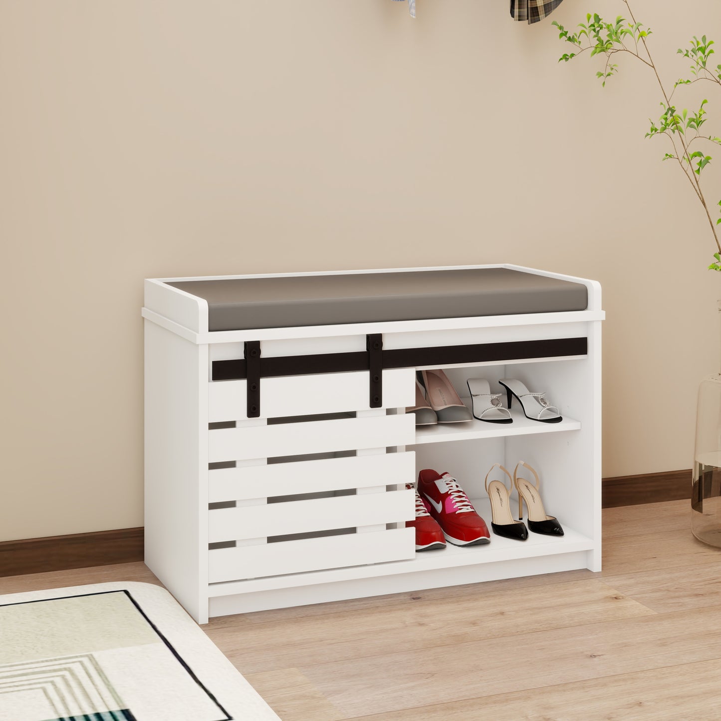 Modern Shoe Storage Bench, 2-Tier Entryway Bench with Sliding Barn Door & 2 Adjustable Shelves & Full Soft Removable Seat Cushion for Entryway, Hallway, Bedroom-White