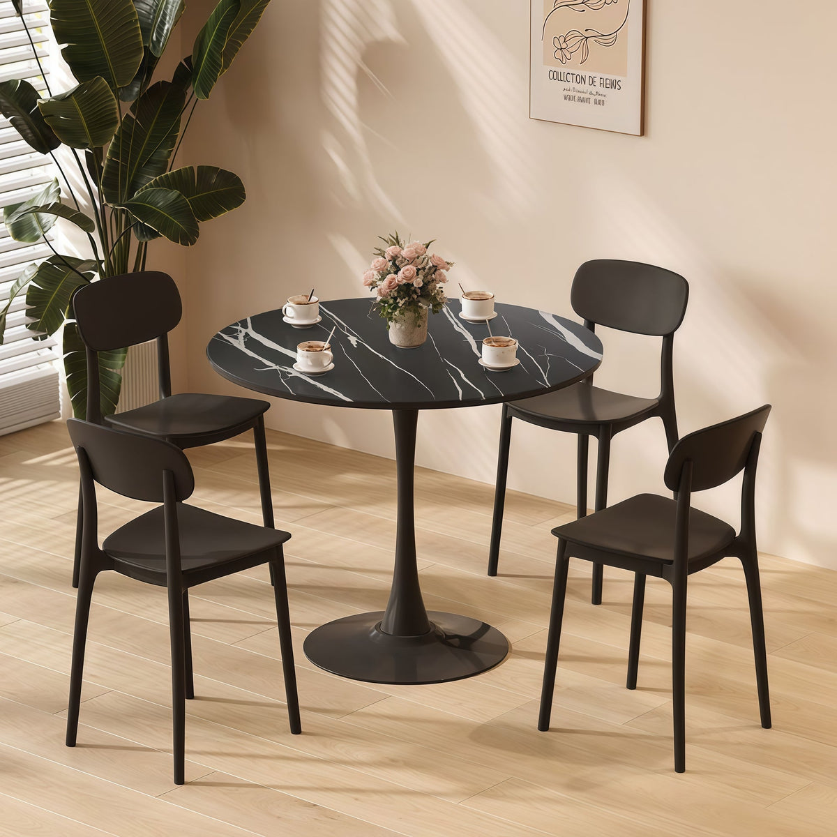 Round Table, Modern Dining Table, MDF Top and Steel Base Tulip Round Kitchen Table, Mid Century Coffee Table for Living Room 24 Inch - Black Marble