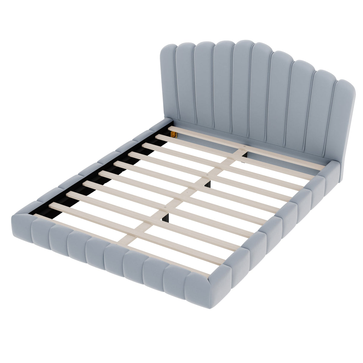 Velvet Upholstered Queen Bed Frame with Shell-Shaped Headboard, Light Blue, Solid MDF & Particle Board
