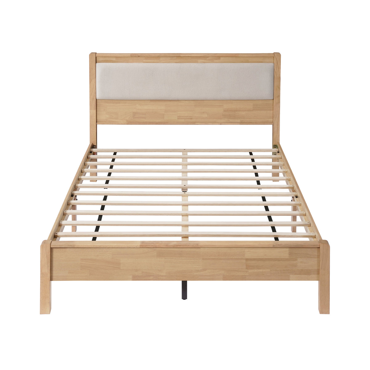 Queen Size, Solid Rubber Wooden Bed with Upholstered Headboard, Reinforced by Central Support Legs,Natural