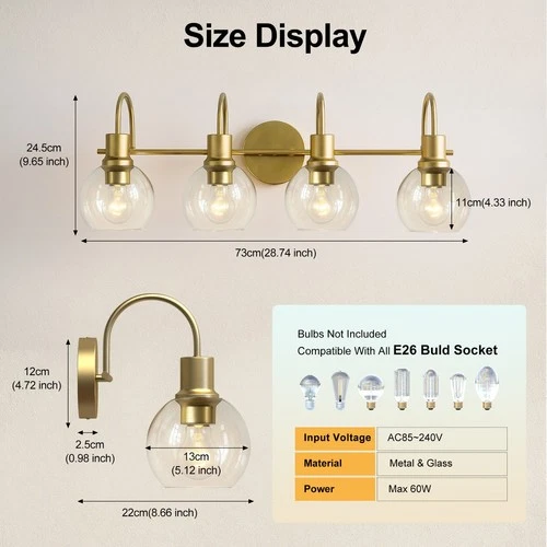 Modern Vanity Light with Glass Shade Bathroom Mirror Gold Wall Lamp Fixture-4-Light