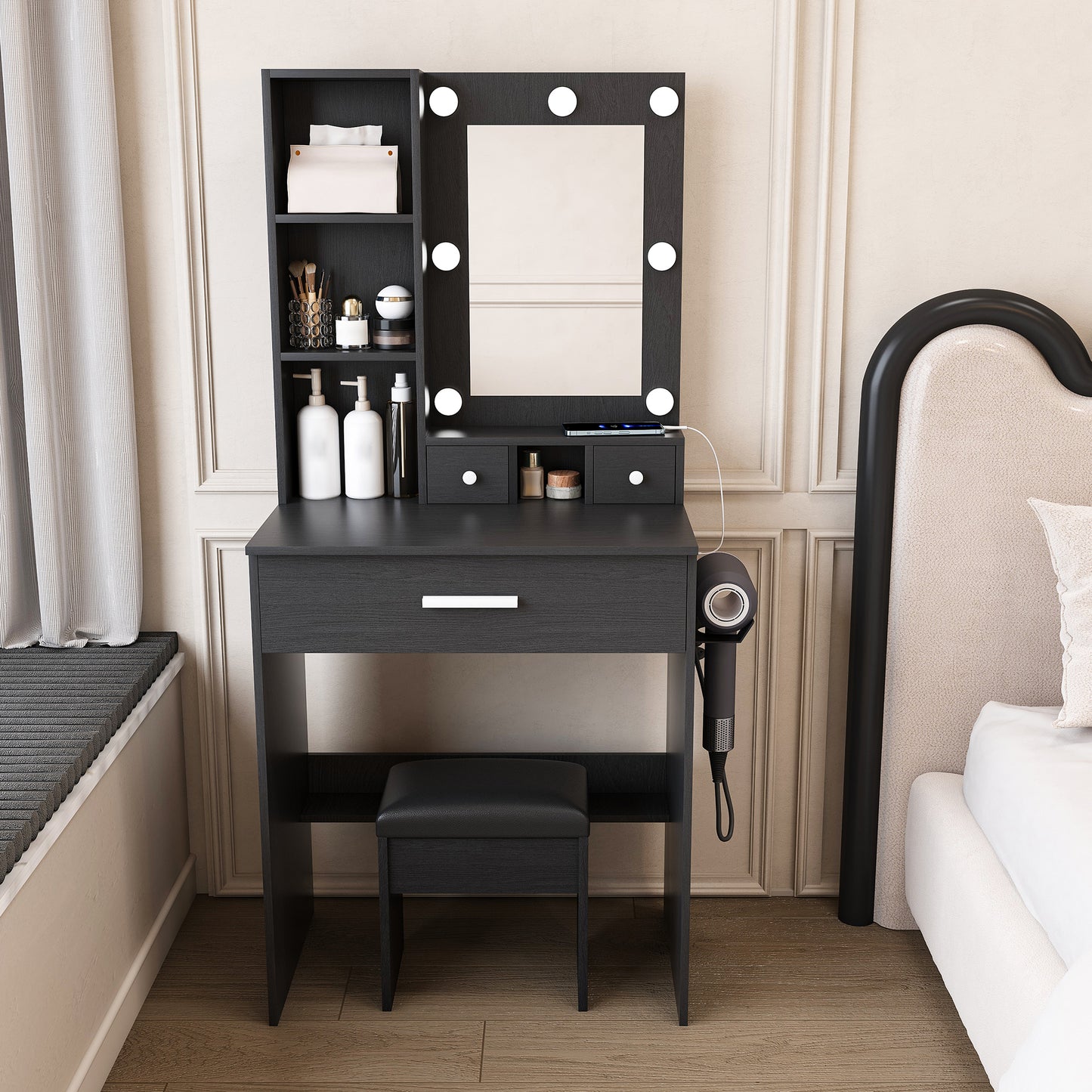Vanity Table with Mirror & Adjustable LED Lights, Power Outlet, Hairdryer Holder & Stool – Compact Dressing Desk for Small Bedrooms(Black)