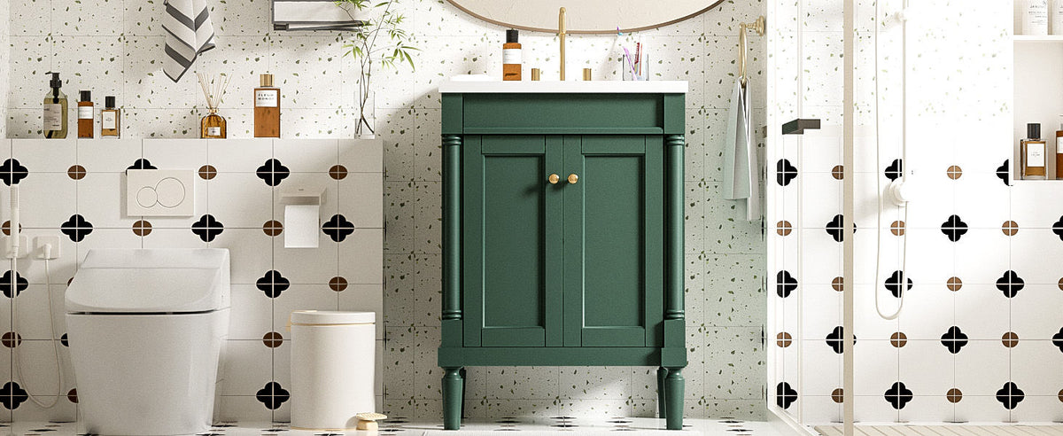 Modern Green Bathroom Vanity with Top Sink, 2-Tier Storage Cabinet, Ceramic Basin, Solid Wood Frame, 24''