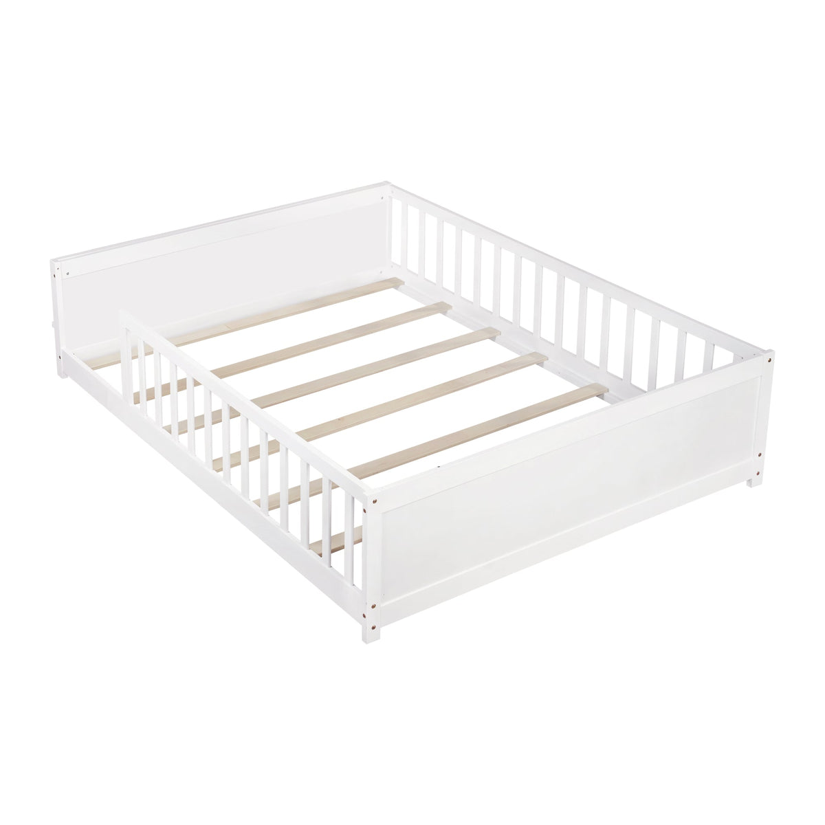 Full Size Rubber Wood Floor Bed with Guardrails,Built-in Book Rack,Without Door,White