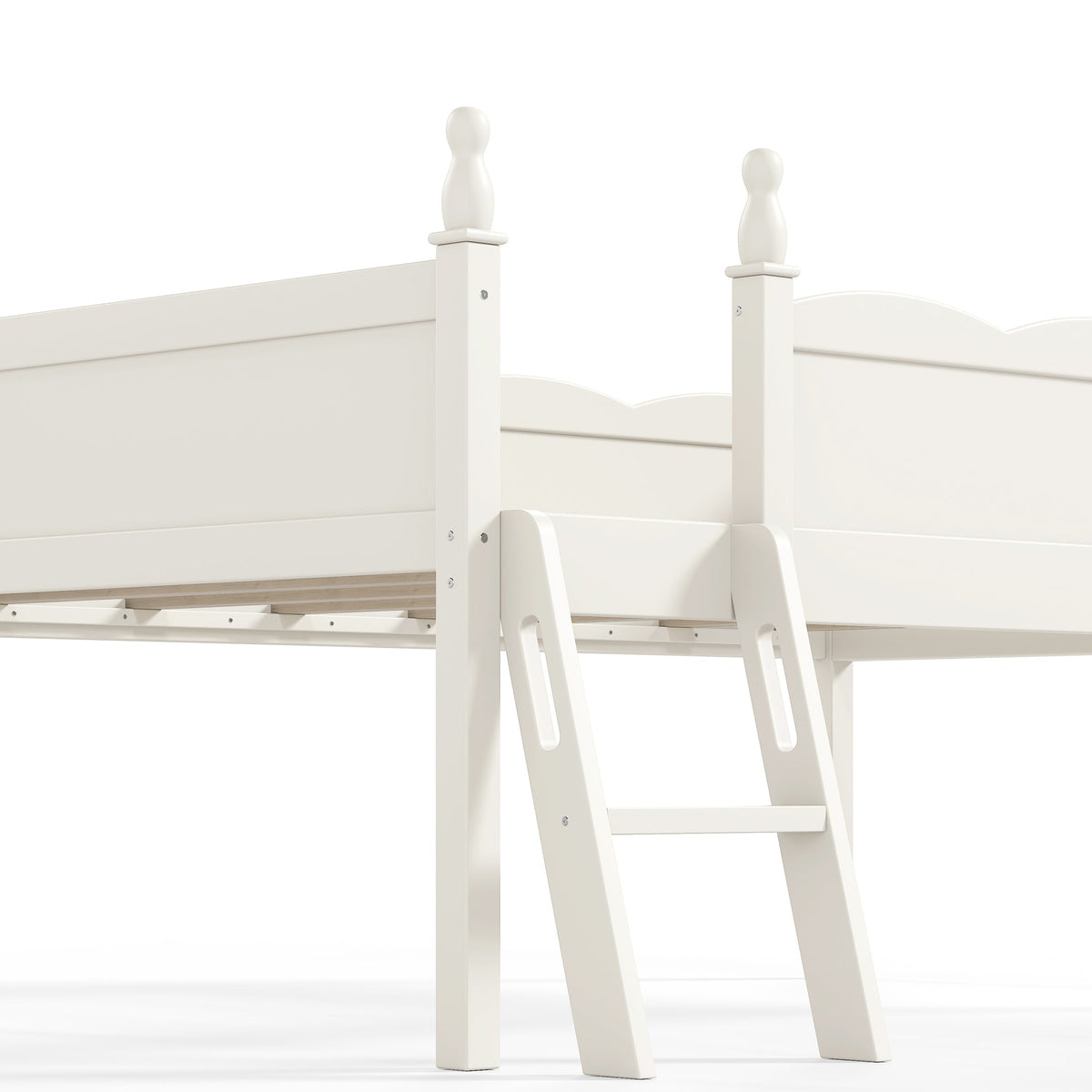 Twin Size Loft Bed with Full-Length Guardrails, Solid Wood Low Loft Bed with Ladders and Beside Book Shelf, Chic Shape and Low Profile Design, Beige