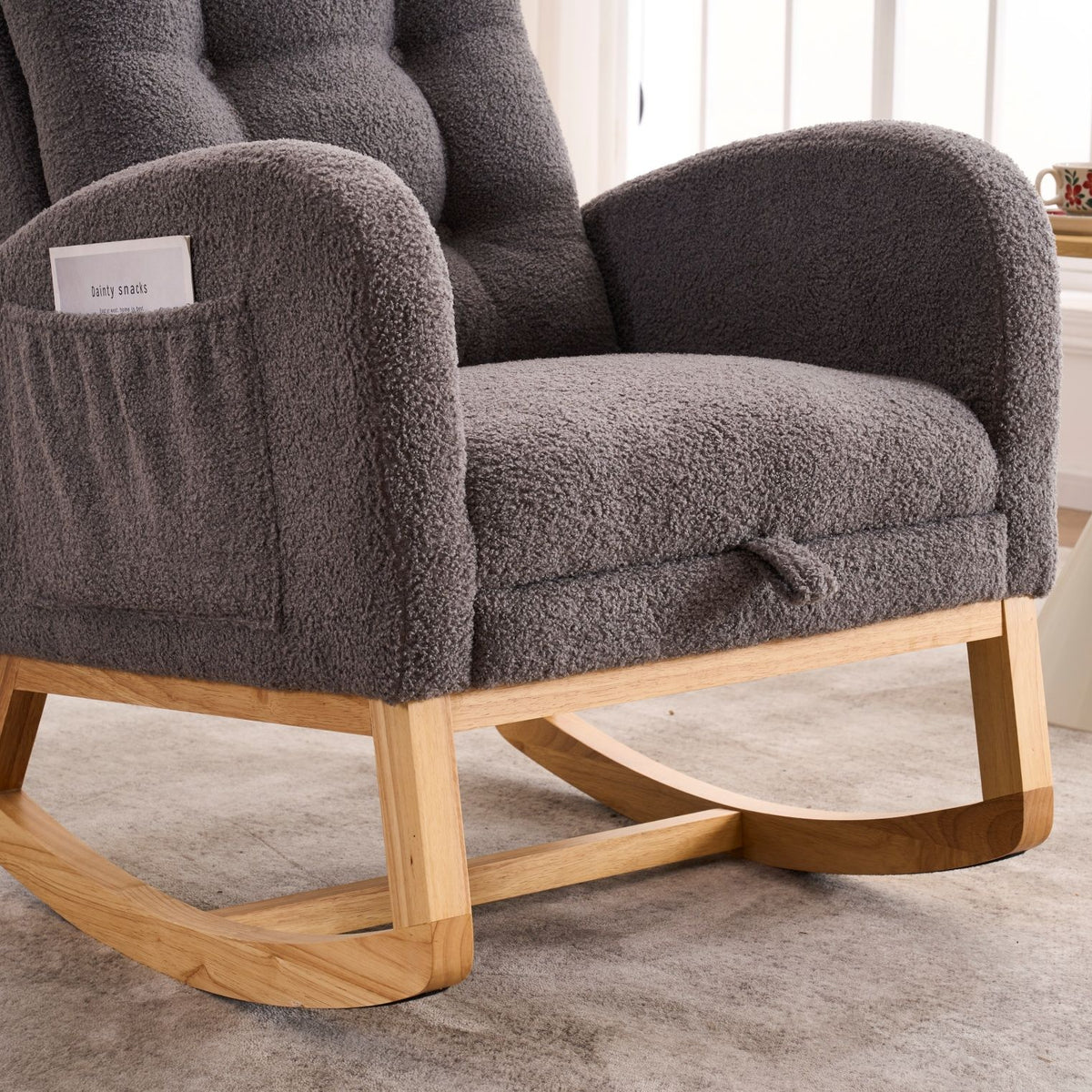 LY-5104 Dark Gray Accent Rocking Chair with Footrest High Back Rubber Wood Rocking Legs Bedroom Living Space 26.77D X 38.36W X 39.76H Inch