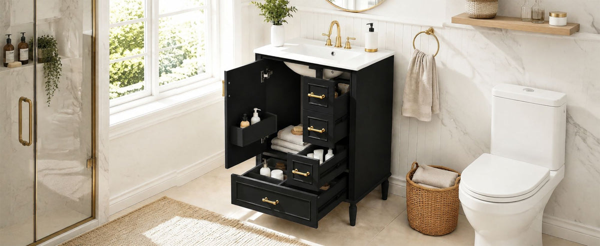 24' Modern Bathroom Vanity with Ceramic Sink, Soft-Close Door, 3 Drawers, Gold Handles, and Door-Mounted Rack for Space-Saving Storage(Old SKU:N729P373272B)