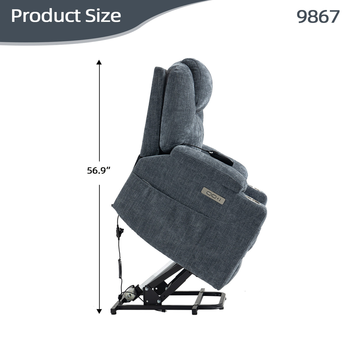 Up to 350 LBS Chenille Power Lift Recliner Chair, Heavy Duty Motion Mechanism with 8-Point Vibration Massage and Lumbar Heating, USB and Type-C Ports, Stainless Steel Cup Holders, Blue