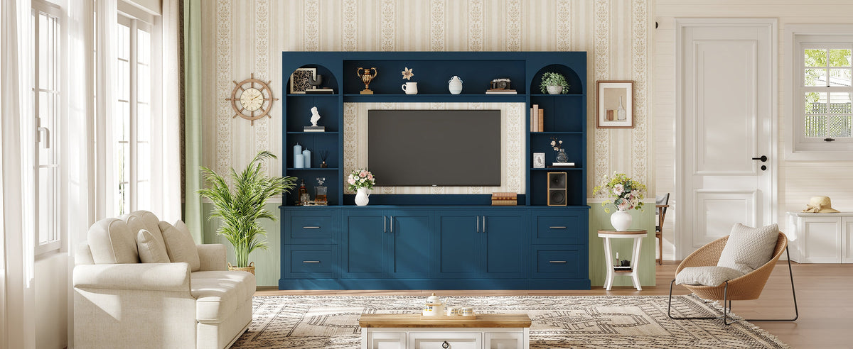 Modern Arched Entertainment Center Wall Unit with Drawers, Farmhouse TV Stand with Cable Holes for TVs Up to 65", Multifunctional All-in-One TV Console with Adjustable Shelves for Living Room, Blue