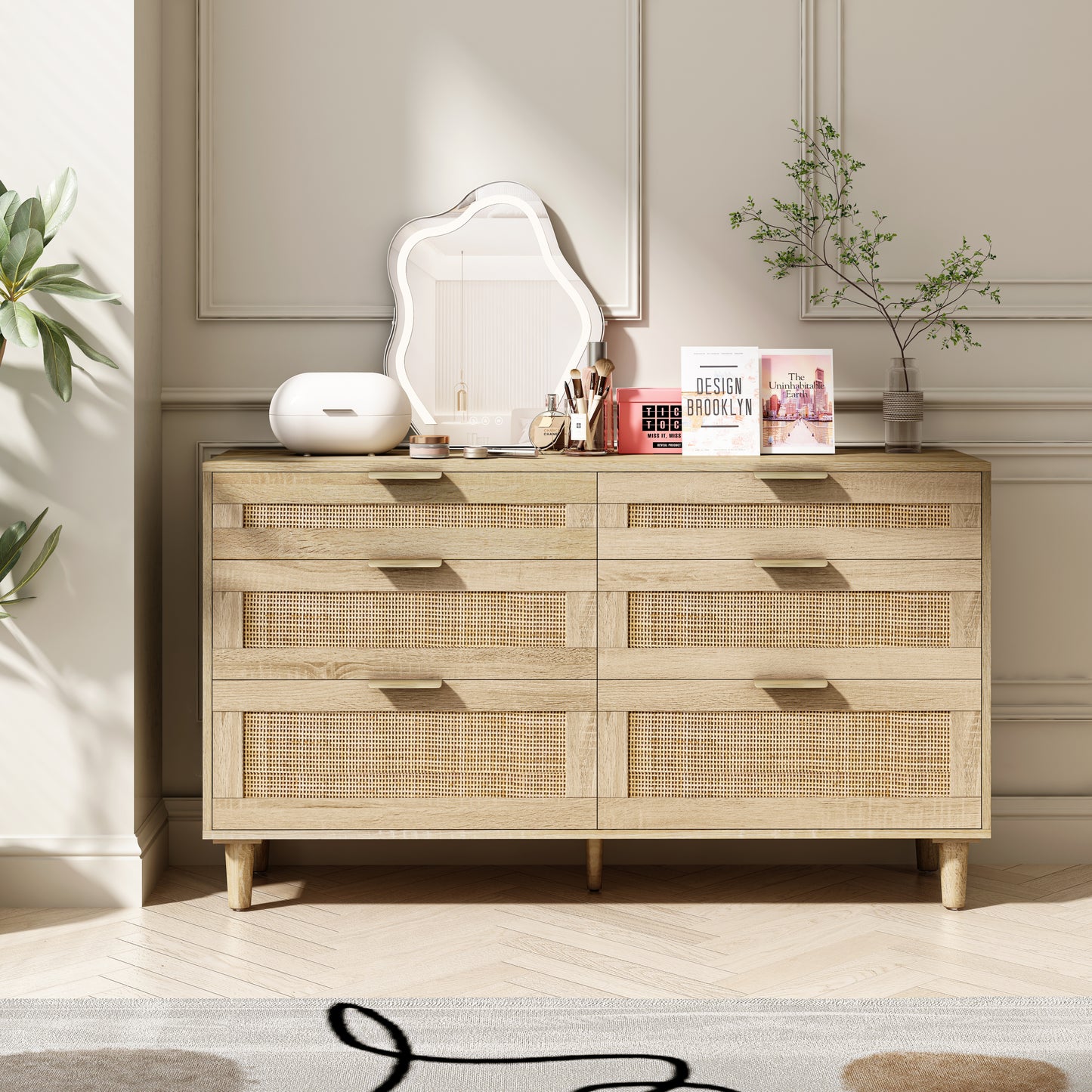 51' Rattan Dresser with Drawers, 6 Drawer Dresser for Bedroom, Clothes Storage Cabinet for Bedroom, Metal Handle&Wood Legs for Hallway, Living Room, Bedroom,Natural