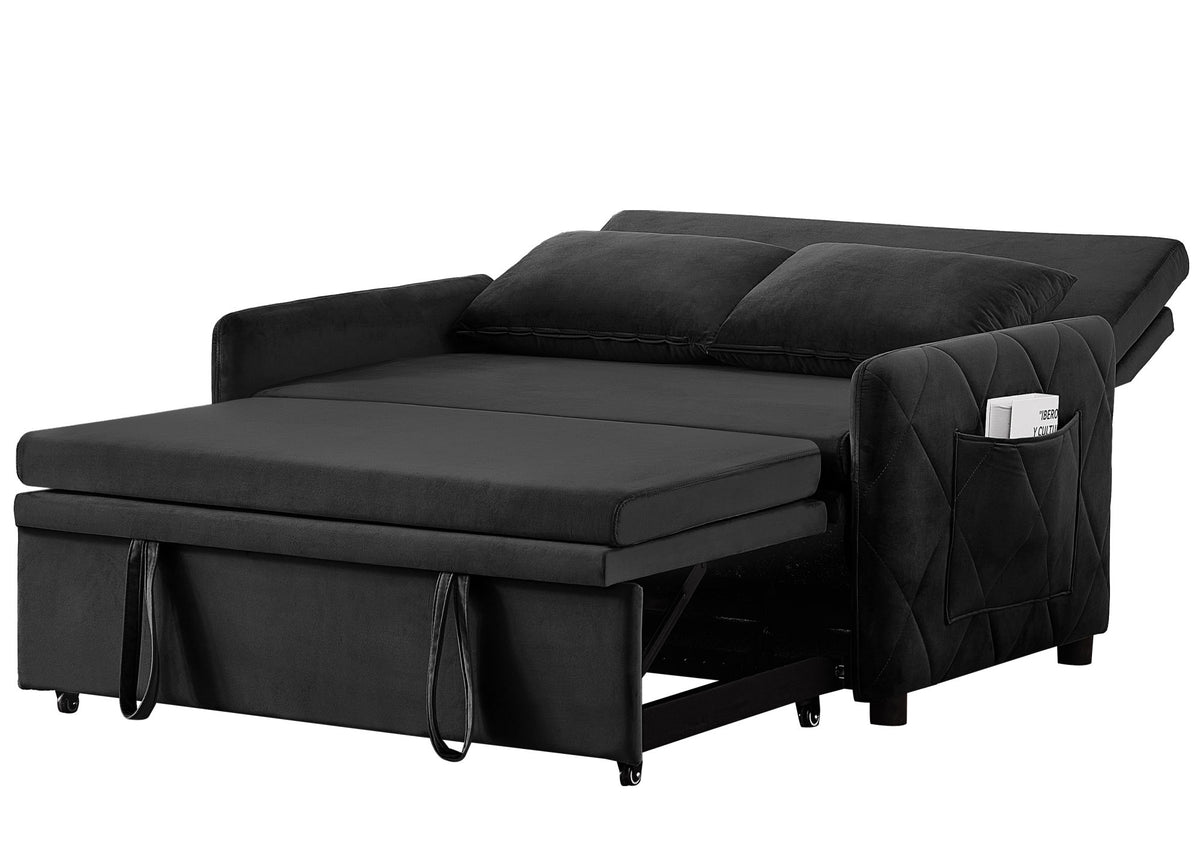 51.2' Velvet Convertible Sleeper Sofa Bed, 5-Position Adjustable Backrest Loveseat with Pull-Out Bed, Side Pocket, Multi-Functional 2-Seater Couch for Living Room, Apartment, Small Space