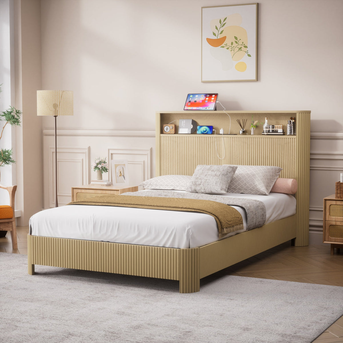 Full Extra Long(Full XL) Size bed frame with storage headboard, built-in charging station, wavy curved lines design, silent operation