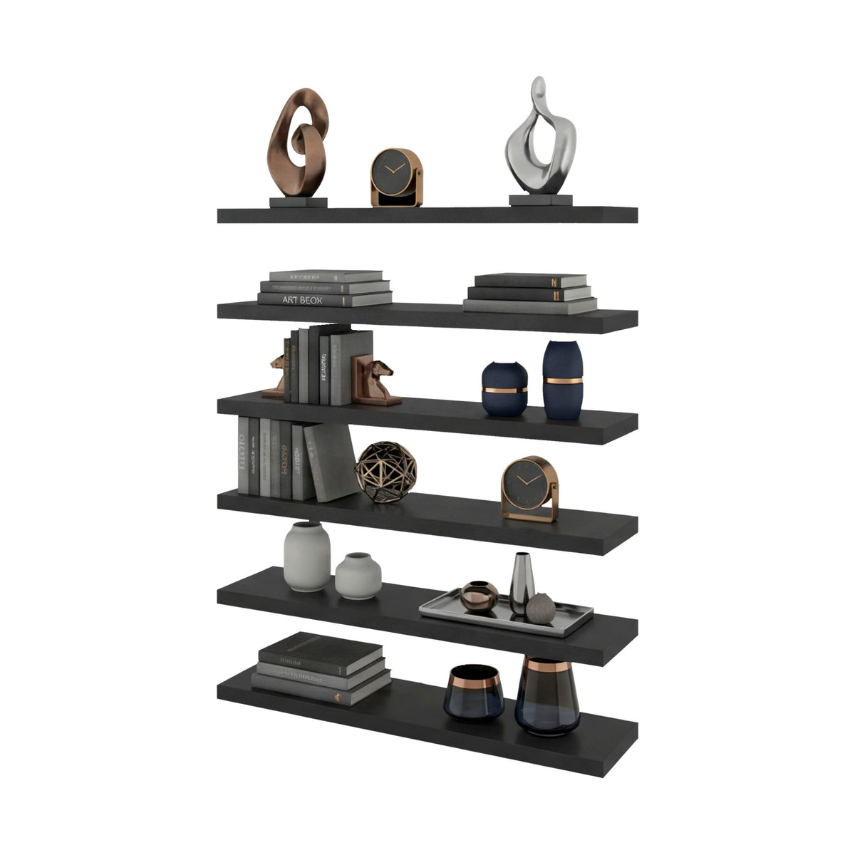 Madison 6-Piece Floating Wall Shelves Set, Wood Wall Mounted Display Shelves for Home Decor and Storage, Wenge