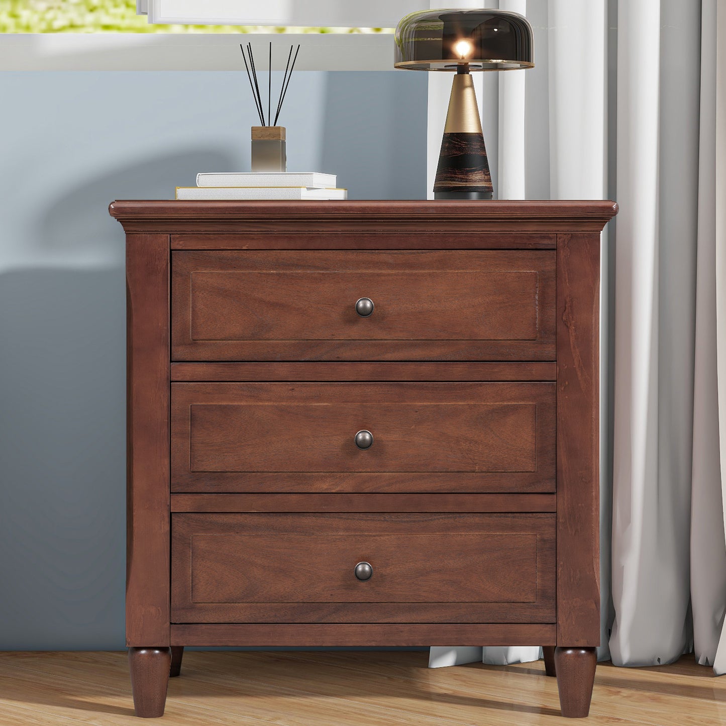 U_STYLE 28''Pine Wood Nightstand with 3 Drawers and Smooth Gliding Rails ,Simple Bedside Cabinet with Metal handle, Minimalist Sofa Side Table with rubber legs for Bedroom Sofa Couch Office