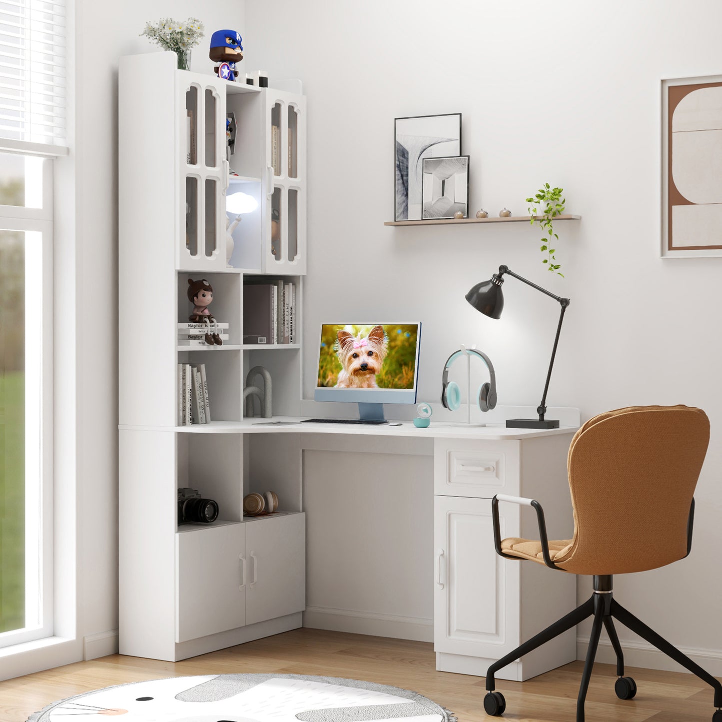 L-Shaped Corner Computer Desk for Home Office or Study desk, Study Modern Style Table with Drawers, Bookshelf & Hutch, 2-in-1 L-Shaped Design, Large Working Space,white