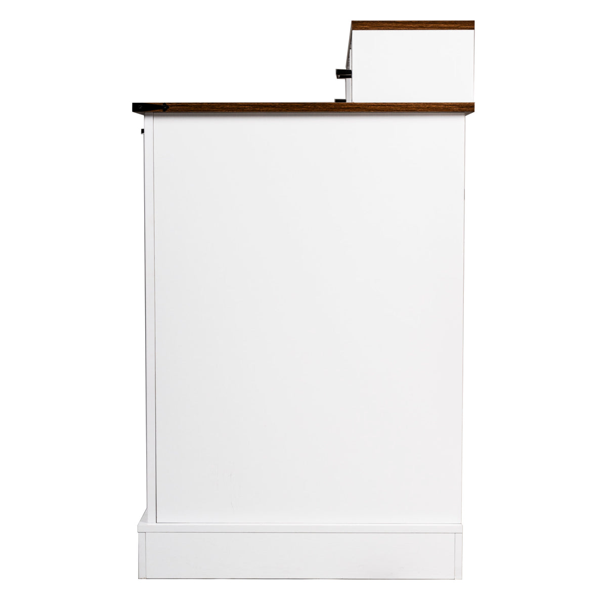 White Farmhouse Office Desk with Charging Station, Monitor Stand & Storage Cabinet, Barn Door Design, MDF, 59.5' L x 21' W x 35.8' H