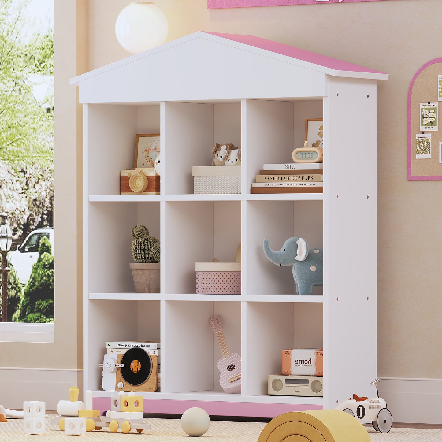 House-shaped Storage Rack with Nine Storage Compartments, Three-layer Storage Shelf with Colorblock Design, White+Pink