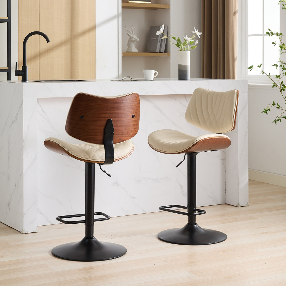Walnut Bentwood Bar Stools Mid Century Modern Adjustable Counter Height Black Leather Upholstered 360°Swivel Bar Chairs for Kitchen – Beige