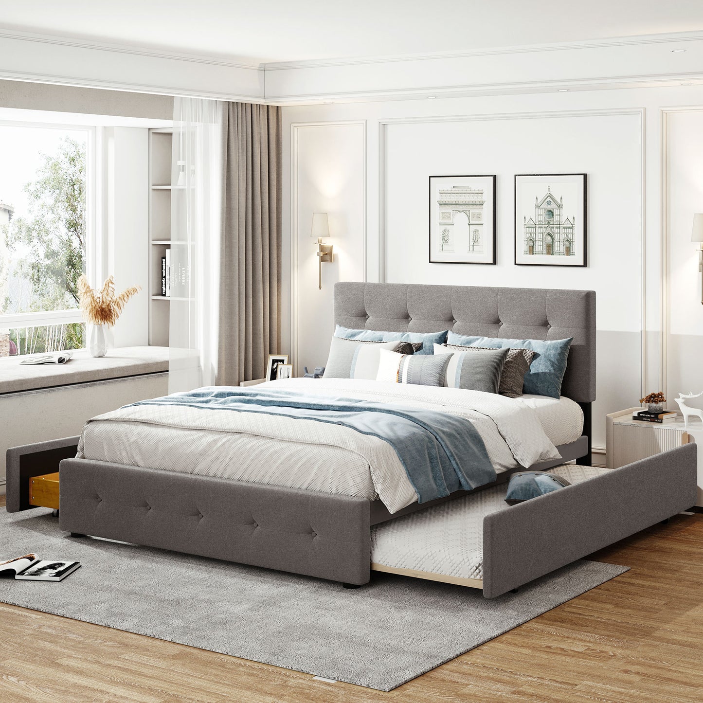 Upholstered Platform Bed with 2 Drawers and 1 Twin XL Trundle, Linen Fabric, Queen Size - Light Gray(OLD SKU :LP100314AAN)