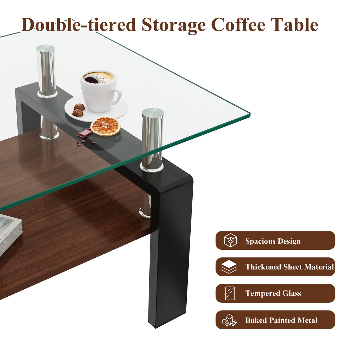 Rectangle Coffee Table, Tempered Glass Tabletop with MDF Layer, Modern Table, Transparent Glass