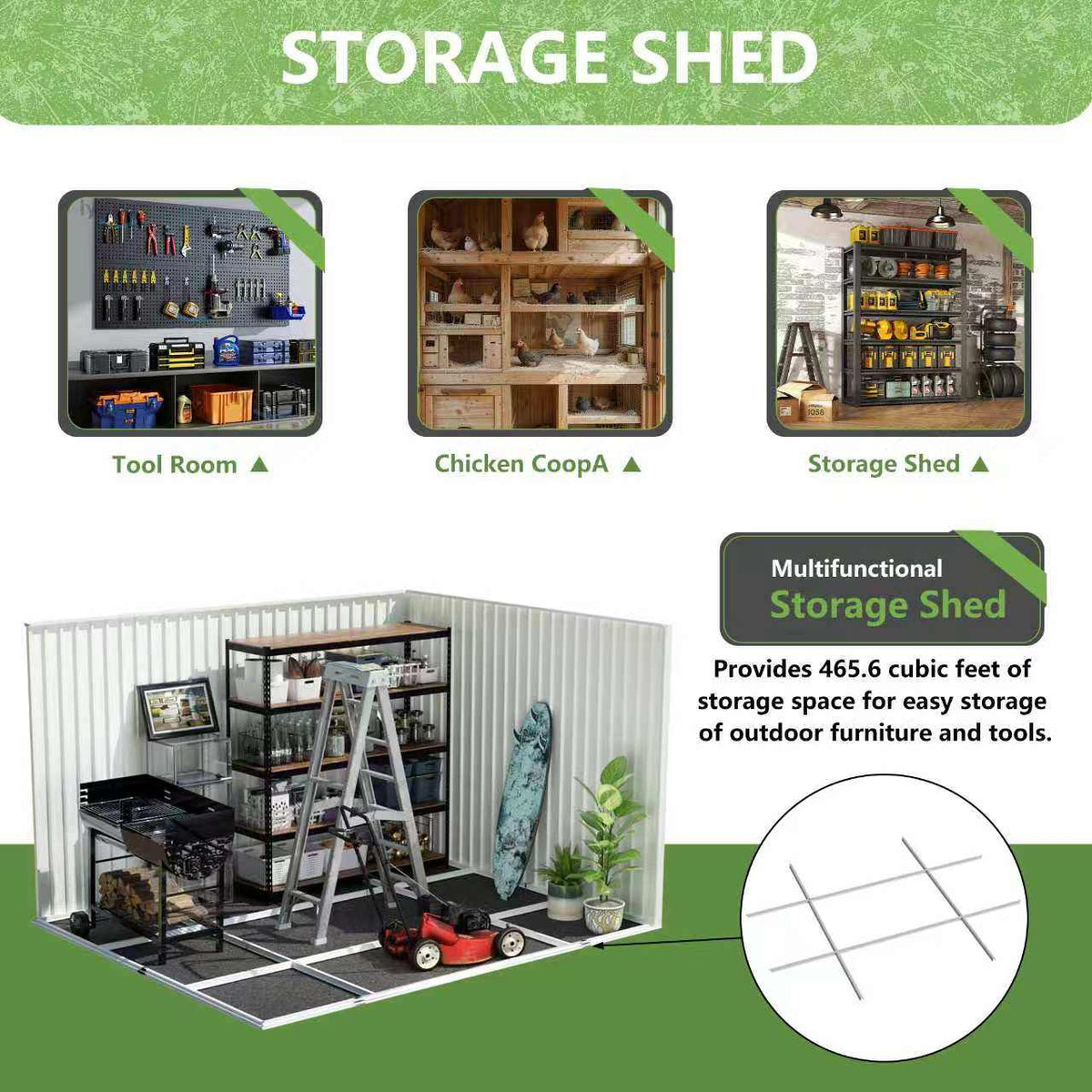 10x8 FT Metal Garden Shed with Metal Frame Hinge door design White Storage sheds Backyard Patio use