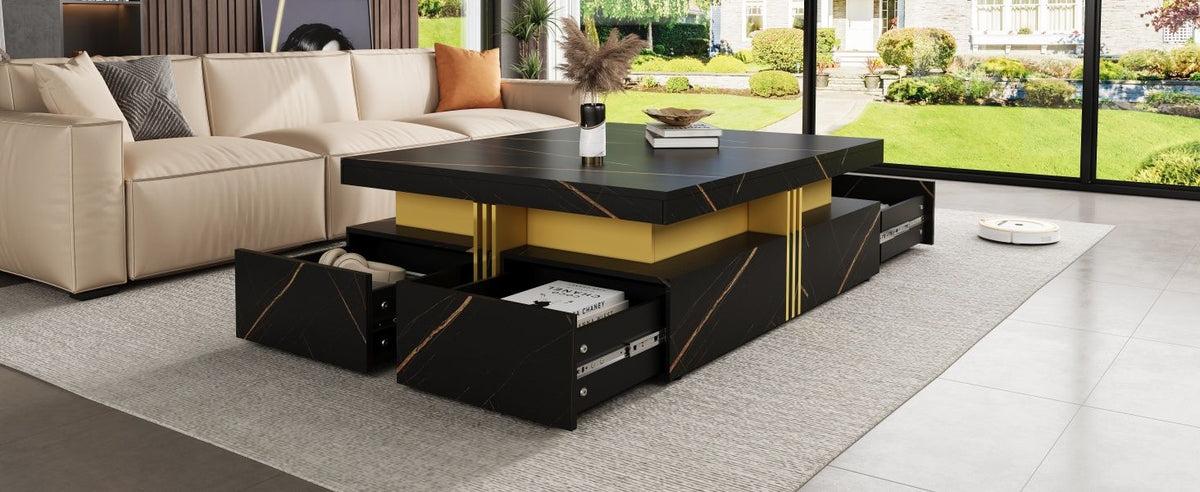 Modern Black Square Storage Coffee Table With 4 Drawers
