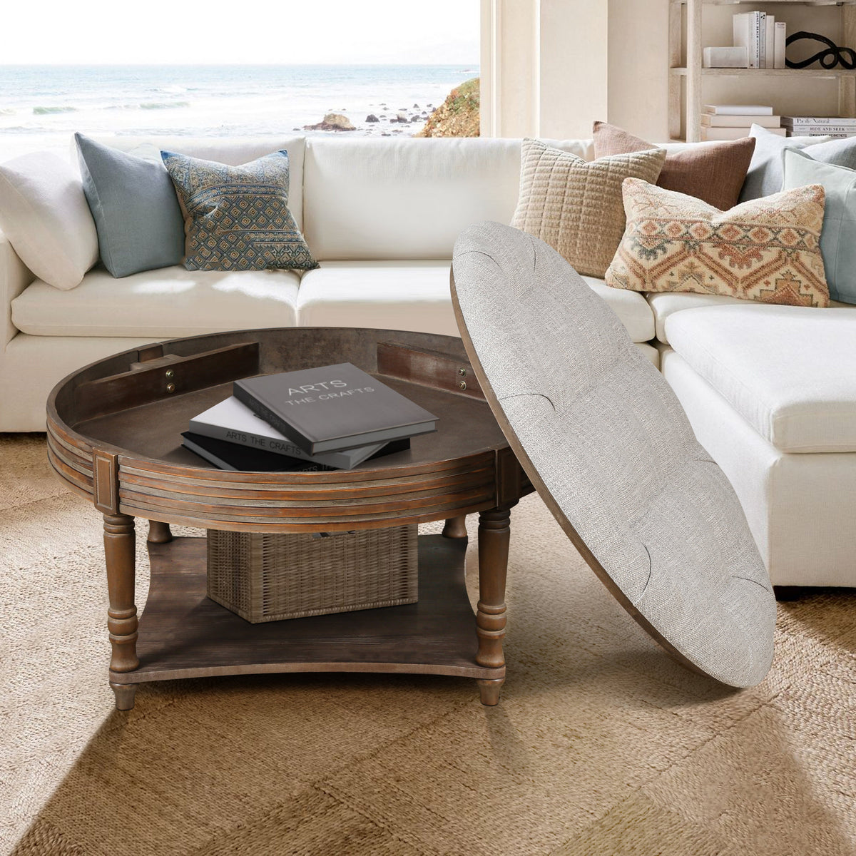 Large Round WaterProof Ottoman Coffee Table 2 Tier Oversized Button Tufted Ottoman with Wooden Shelf Storage Farmhouse Upholstered Coffee - Light Gray