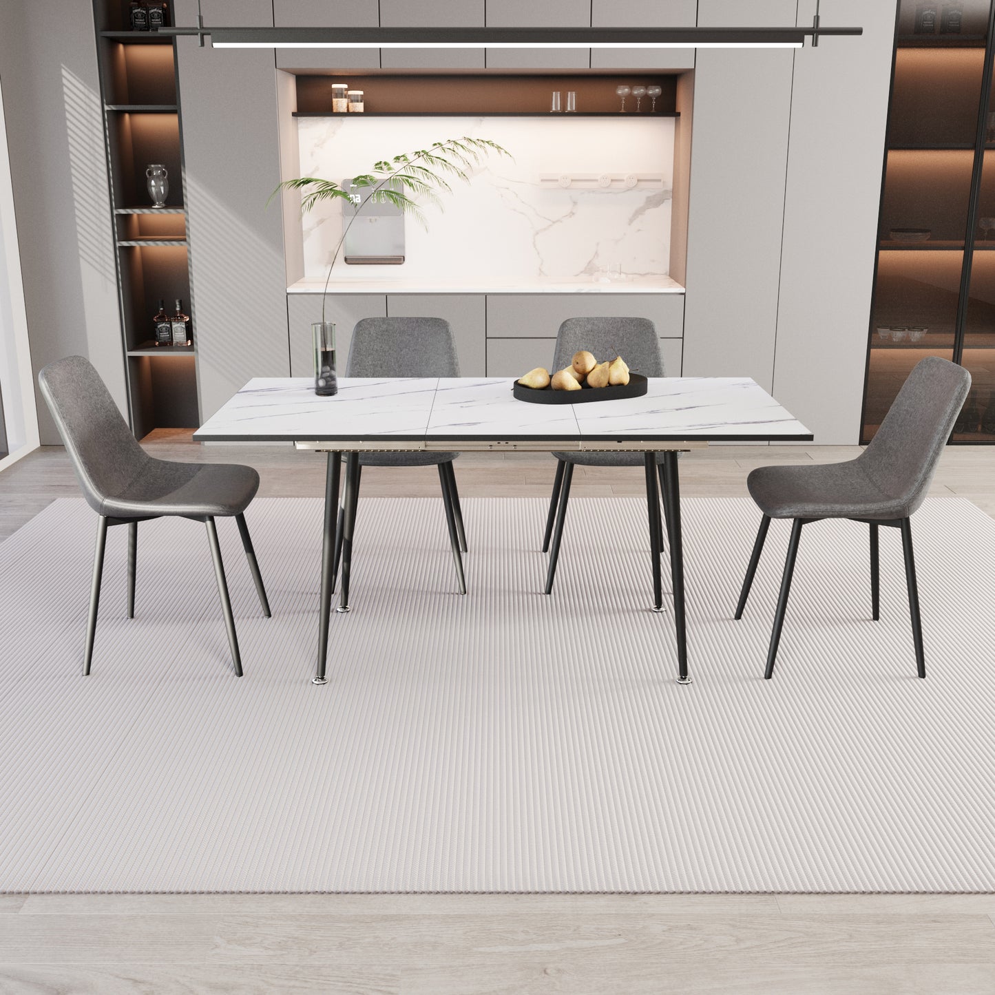 47'-63' extendable MDF modern dining table and chair set, suitable for 2-6 people, elegant white dining table and modern grey dining chair 4-piece set, metal base and linen chair