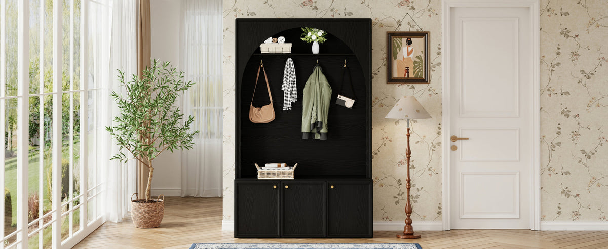 ON-TREND Farmhouse All-in-One Hall Tree with Adjustable Shelves, Retro Arched Entryway Storage Bench with 3 Cabinets – Black